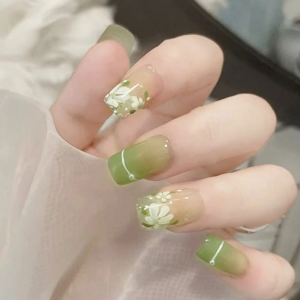 Flower Press on Nails Medium Length French Fake Nails Summer Nail Tips  Glossy False Nail with Green Flower Pearl Design Full Cover Acrylic Nails  for Women Manicure Tip 