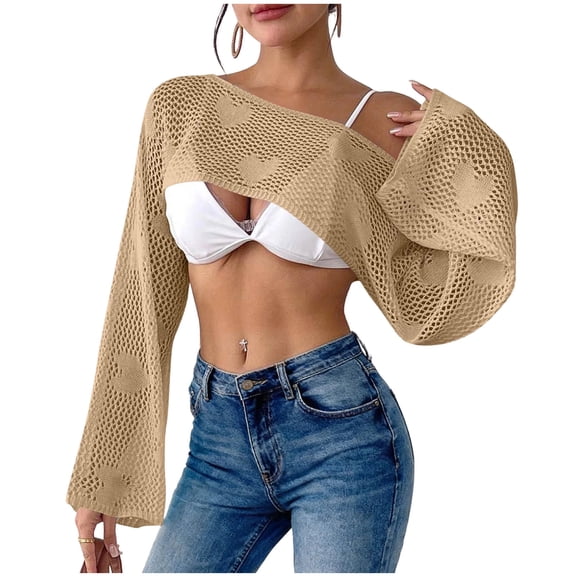 Womens Swimsuit Cover Up Knit Crochet Long Sleeve Swim Top Coverup Off Shoulder Coverups for Bathing Suits