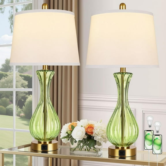 27.5" Coastal Glass Table Lamp Set of 2, 3-Way Dimmable Full Touch Control Beach Lamp with USB A C Port, Green Glass Nautical Bedside Lamp with White Shade for Living Room Bedroom(LED Bulbs Included)