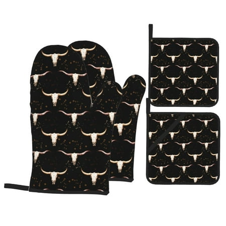 

Oven Mitts and Pot Holders Sets 4 pcs Western Cowboy Non-Slip Oven Gloves Potholders Soft Quilted Lining Heat Resistant Gloves Hot Pads for Kitchen Cooking Baking