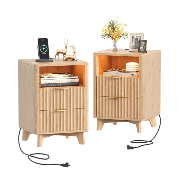 Fluted Nightstands Set of 2, Night Stand with Charging Station and LED Light, 2 Storage Drawers and Open Shelf, Modern Bedside Table for Small Space, for Bedroom, Natural Oak