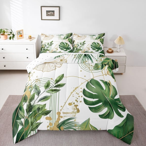 Castle Fairy Tropical Tree Leaves Boy Girl Bedding Comforter Set 2pcs,Golden Splash Glitter Twin Comforter Sets Microfiber,Botanical Plants Breathable Bedding Set,Breathable Home Decor,Reversible