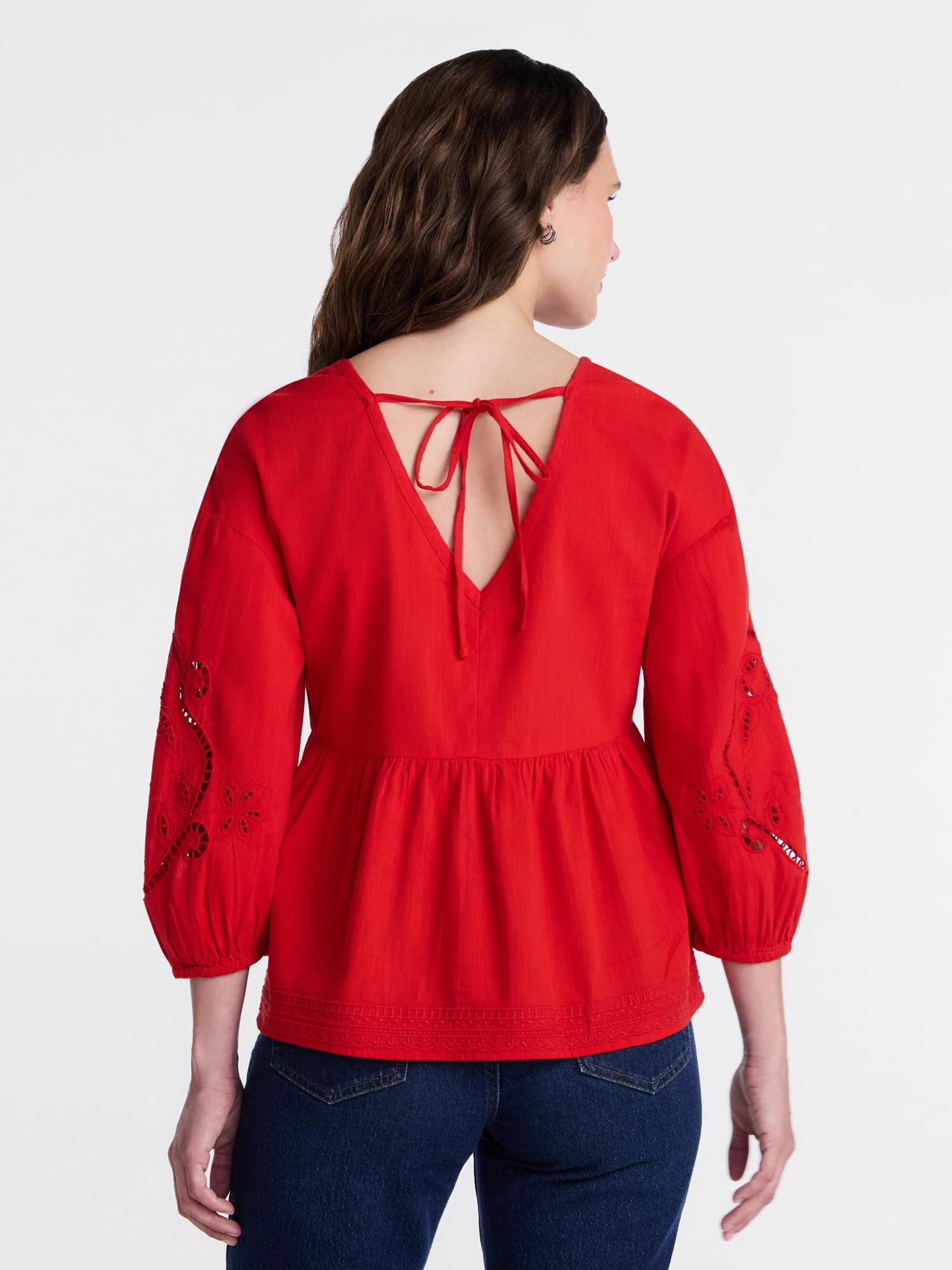 Time and Tru Women's Long Sleeve Poet Sleeve Broderie Anglaise Top, Sizes XS-XXXL