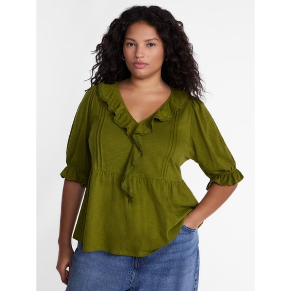 Terra & Sky Women’s Plus Ruffled Cotton Blouse with Elbow-Length Puff Sleeves, Sizes 0X-5X