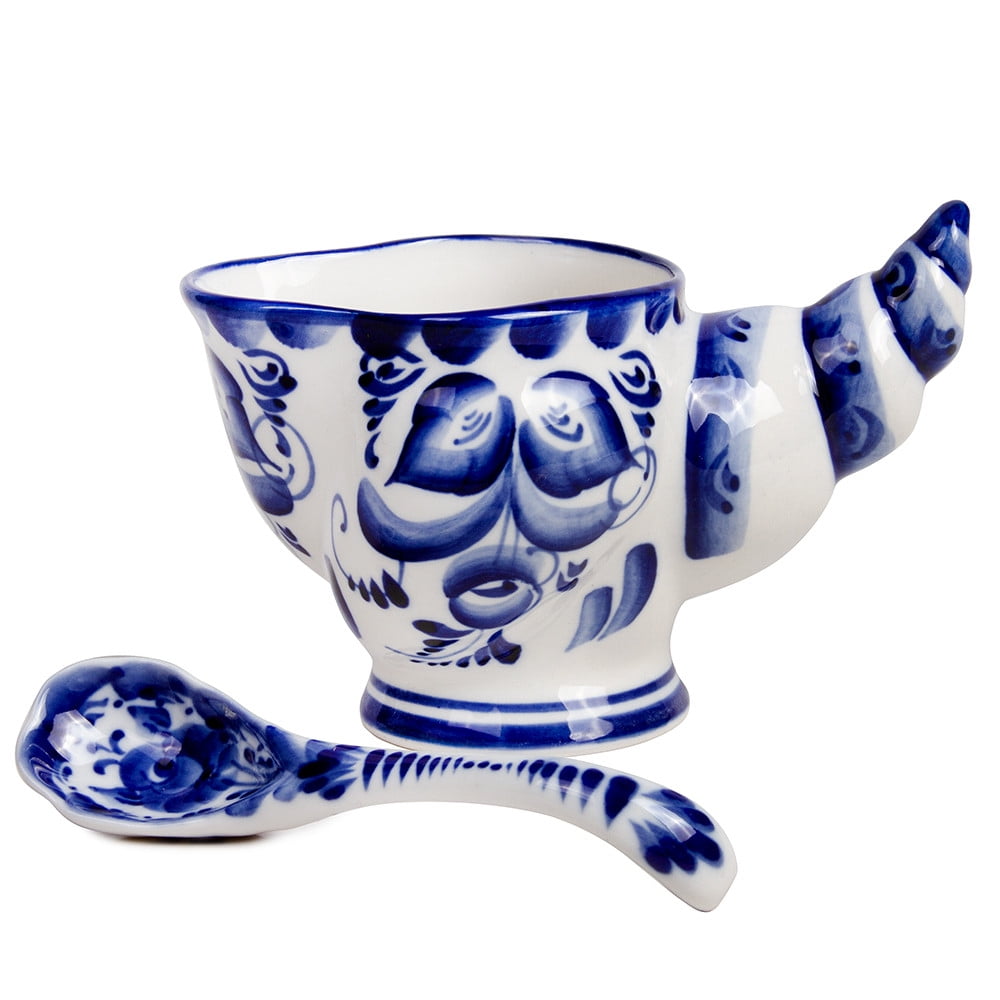 Vintage Pot with Lid Porcelain tableware Gzhel Blue /& White Ceramics Candy Bowl Hand Painted Pottery Rustic Container Food Gravy Boat