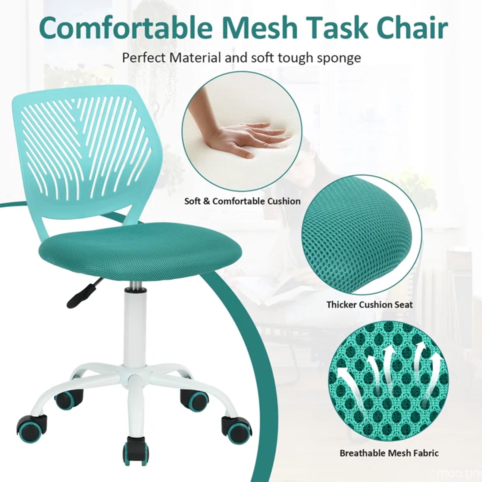 Homy Casa Kids Desk Chair, Height Adjustable Small Study Computer Task Chair for Student Children Teens with Wheels, Turquoise