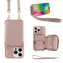 Ancove for iPhone 15 Pro RFID Blocking Wallet Case , Adjustable Crossbody Zipper Purse Case Card Holder with Kickstand Detachable Wrist Strap, PU Leather Flip Folio Case for Women,Rosegold