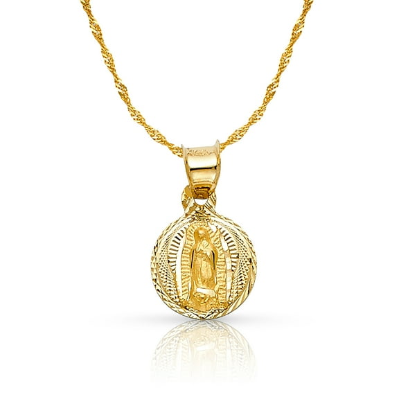 Ioka-14K Yellow Gold Diamond Cut Our Lady of Guadalupe Stamp Charm Pendant with 0.9mm Singapore Chain Necklace - 16"