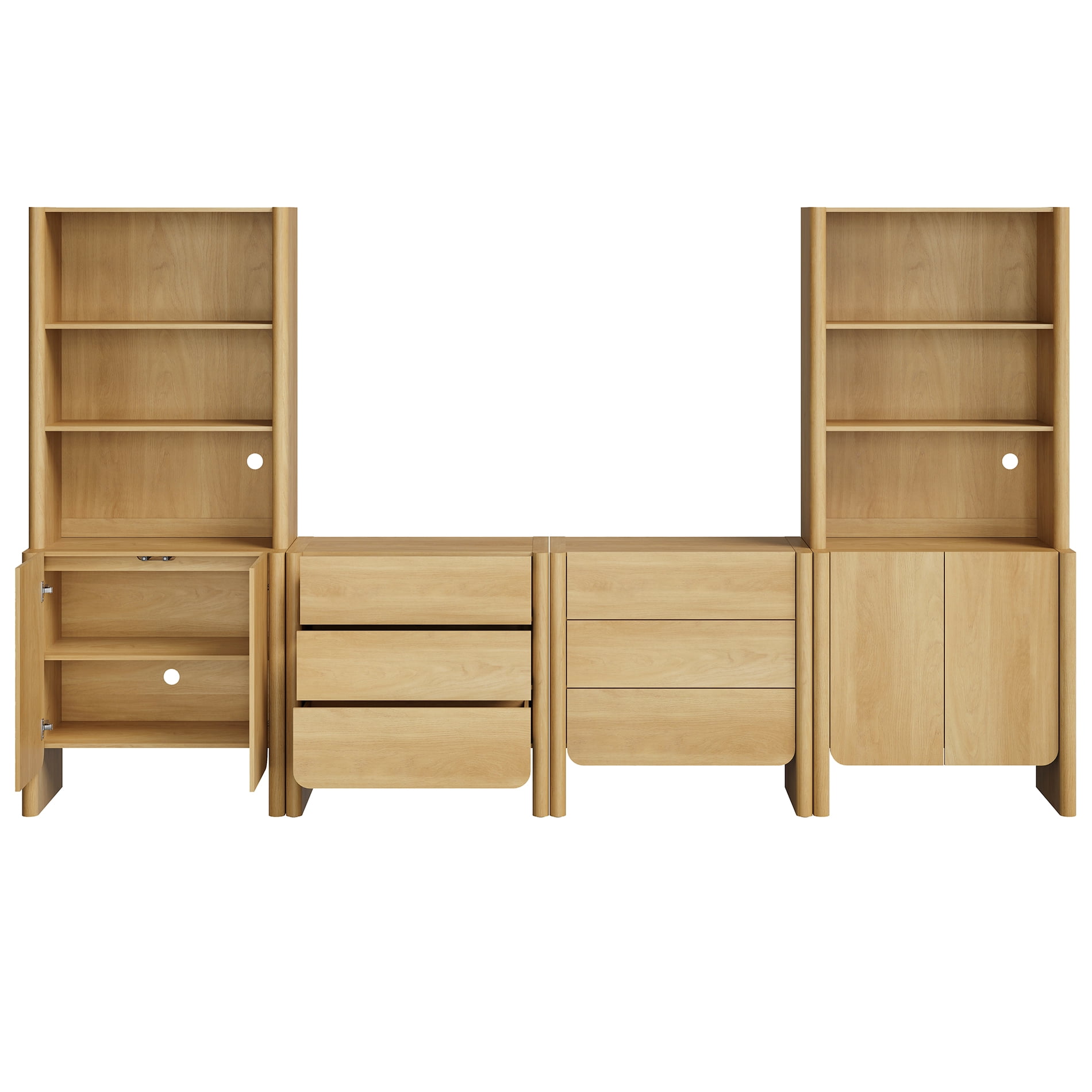 Modern French TV Stand with Bookshelves, 126-Inch Media Console, Doors, Drawers and Open Shelving, Supports TVs up to 70 Inches, Oak