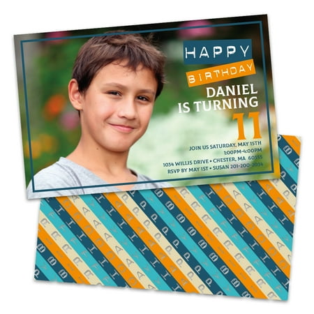 Personalized Happy Birthday Diagonal Stripes Photo Kids Birthday Party Invitations