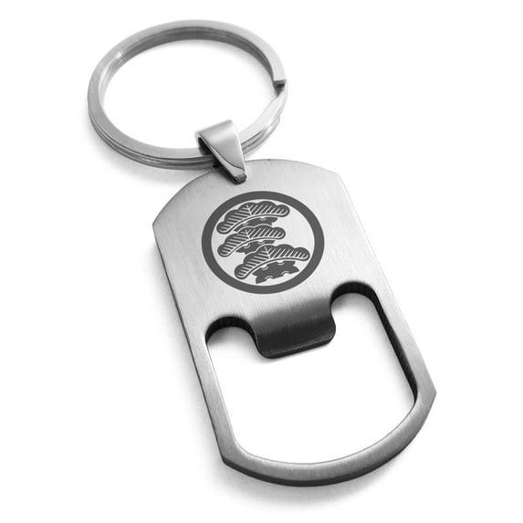 Stainless Steel Three-Tiered Pine Kamon Crest Engraved Bottle Opener Dog Tag Keychain Keyring
