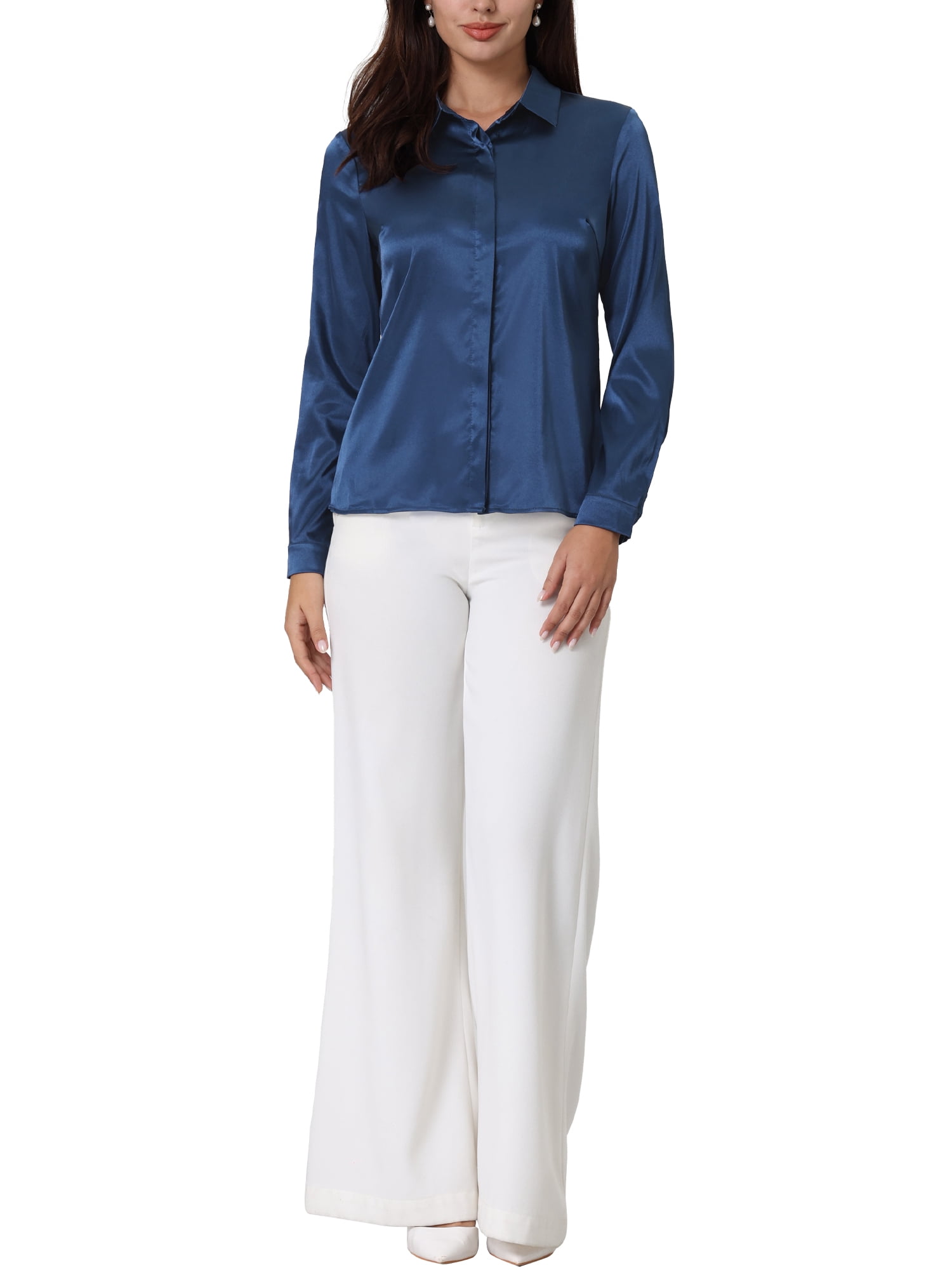 Unique Bargains Women's Satin Blouse Long Sleeve Office Button Down Shirt Top M Dark Blue