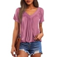 thumbnail image 2 of Womens T Shirts Summer Tops 2025 Solid Color V-Neck Short Sleeve Pleated Casual Loose Tees Tshirts Shirts for Women, 2 of 5