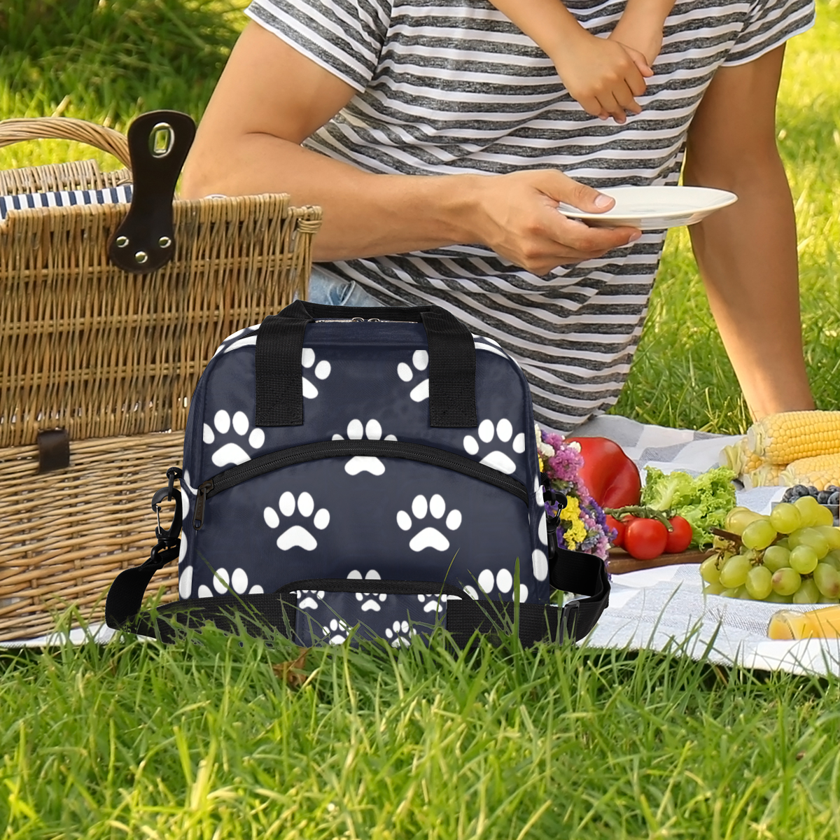Herdesigns Dog Bones Paw Insulated Lunch Bag for Women Men Adults Large Reusable Lunch Box Dog Paws Leakproof Cooler Tote Bags with Adjustable Shoulder Strap