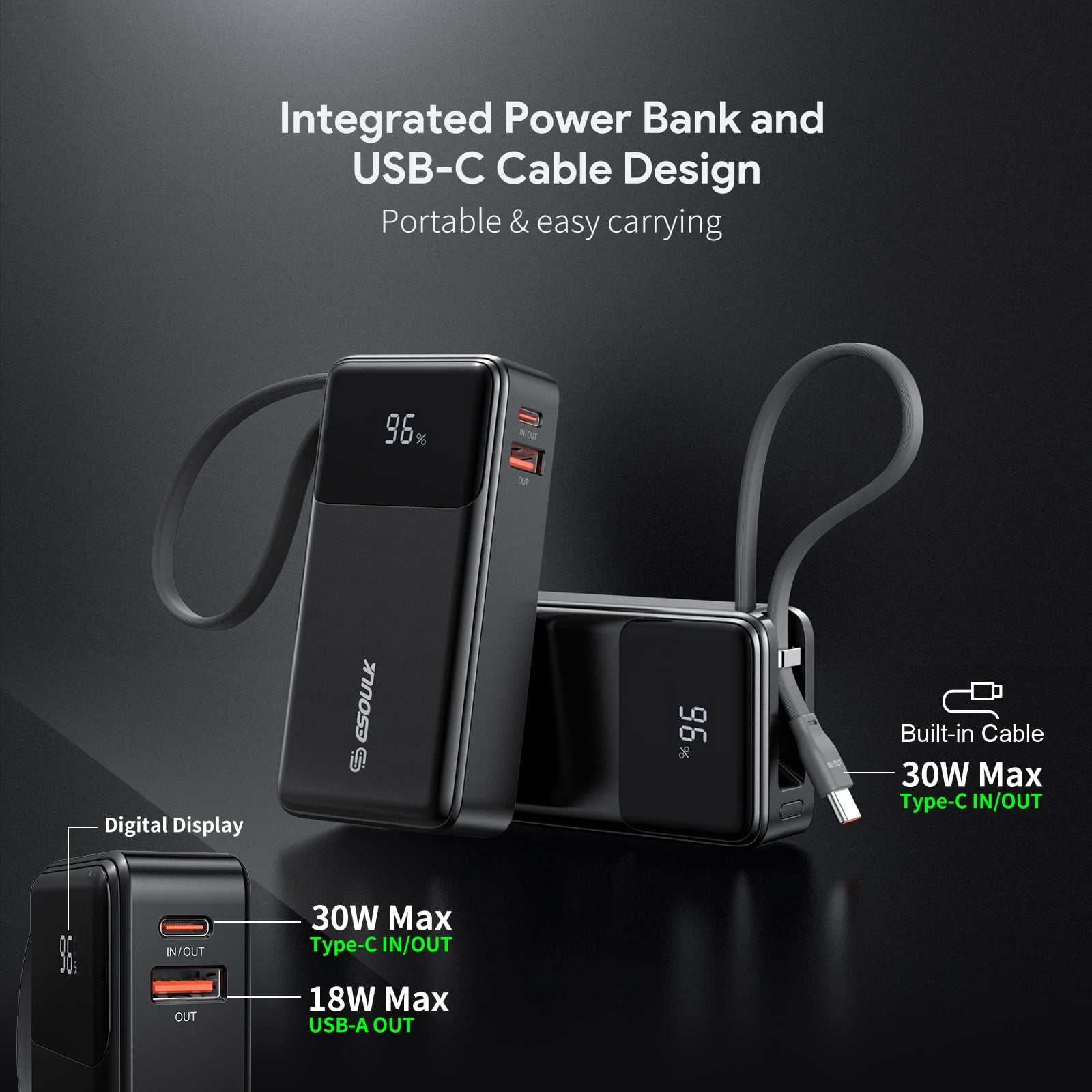 30W 10000mAh Power Bank Battery with Integrated USB-C Charging Cable - Black