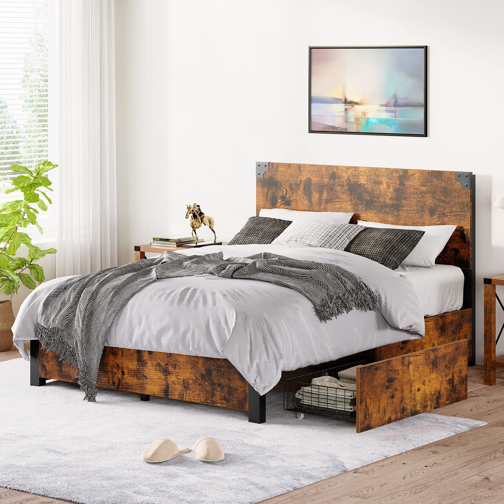 Bed Frame with 4 Storage Drawers and Headboard, Rustic Vintage Wood and