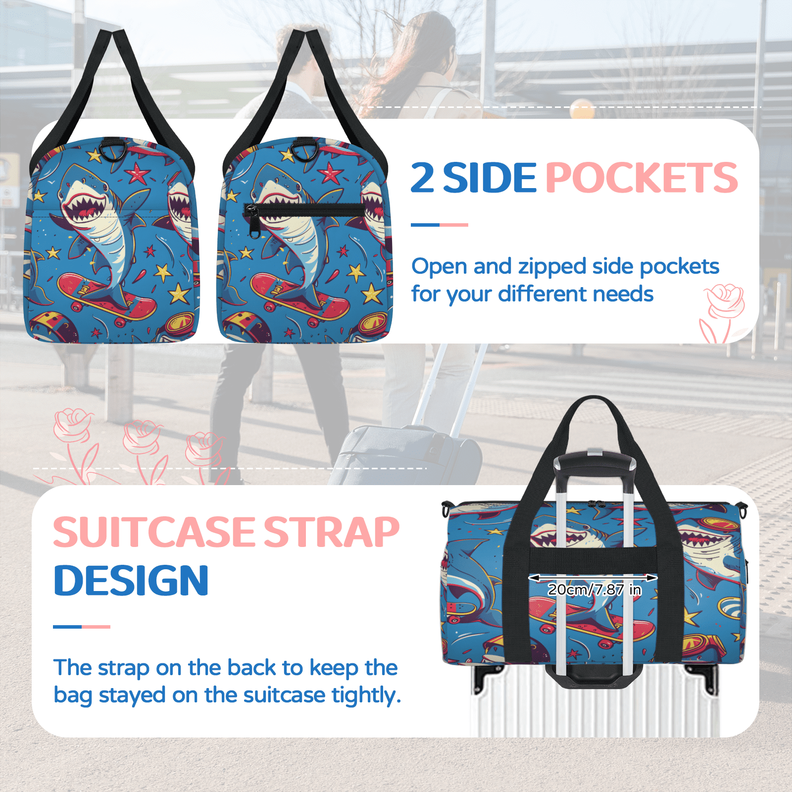 Herdesigns Funny Sharks Gym Bag for Women, Duffle Bag for Travel Sport, Skateboard Shark Lightweight Waterproof Carry on Weekender Dance Yoga Workout Bags