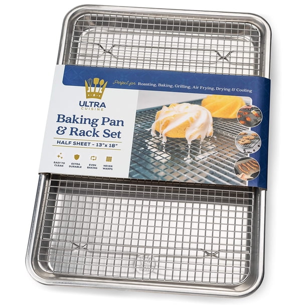 Bandeja para hornear de aluminio Ultra Cuisine con juego de rejilla para enfriar de acero inoxidable: bandeja de tamaño de media hoja, 13 x 18 pulgadas, lados con borde duradero, fácil de limpiar, cal