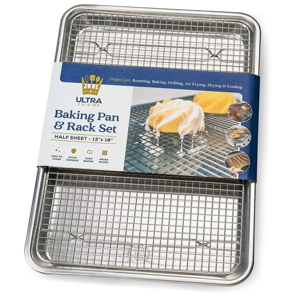 Bandeja para hornear de aluminio Ultra Cuisine con juego de rejilla para enfriar de acero inoxidable: bandeja de tamaño de media hoja, 13 x 18 pulgadas, lados con borde duradero, fácil de limpiar, cal
