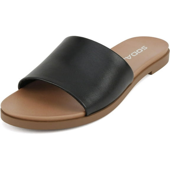 Soda Shoes Women Flip Flops Basic Plain Slides Slip On Sandals Casual Peep Toe Single Band BOARD-S Black PU 6.5