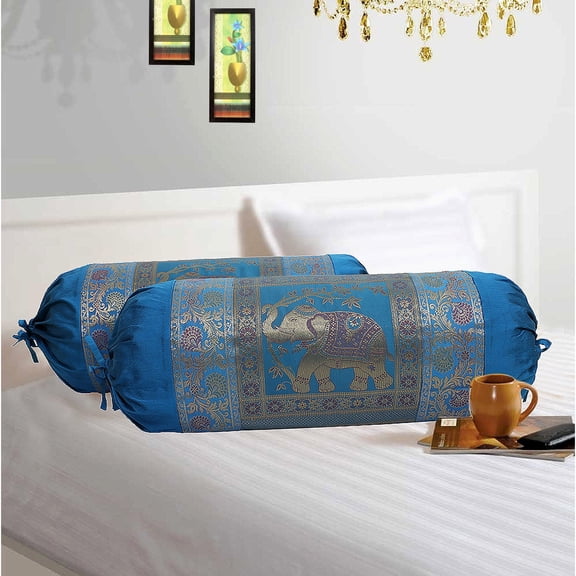 Stylo Culture Traditional Polydupion Cylindrical Tube Pillow Bolster Pillow Covers Blue Elephant Jacquard Brocade Border Large Couch Round Cylinder Cushion Covers (Set of 2) | 30x15 Inches (76x38 cm)