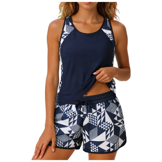 Yammkia Swim Top Women's Tankini Sets Two Piece Bathing Suits Tummy Control Square Neck Adjustable Straps Ruched Ribbed(Dark Blue,S)