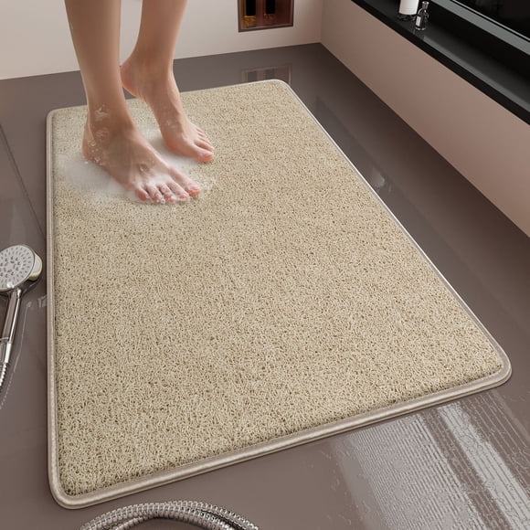 Non-Slip Absorbent Bathroom Carpet Mat, Heavy Duty PVC Floor Mat with Quick-Dry Backing, Washable Entrance Rug for Bedroom Kitchen Safety, Beige