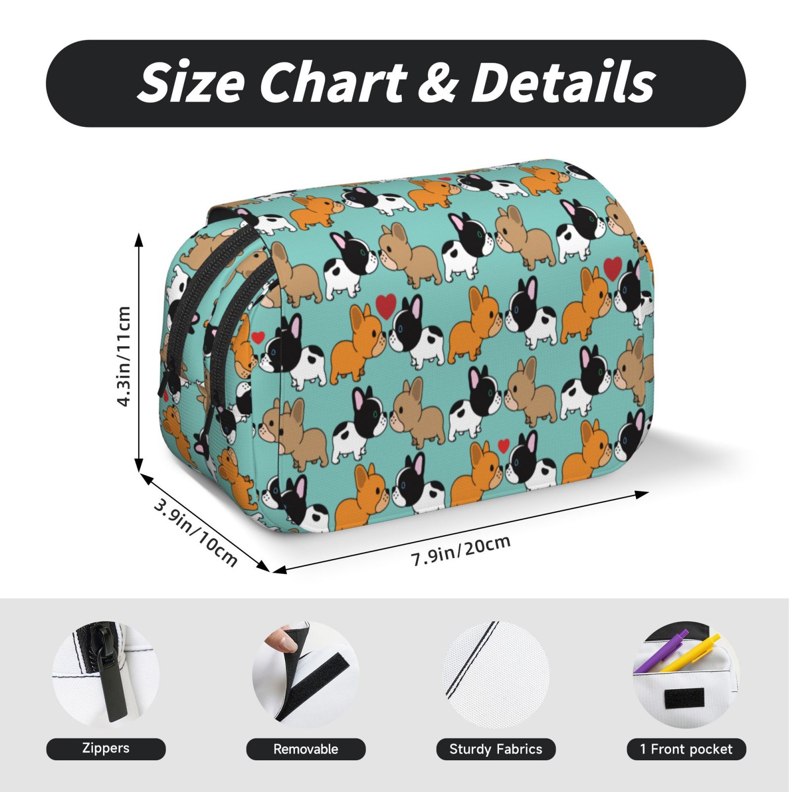 Rateoe Cute French Bulldog Pattern Double Clamshell Pen Case, Storage Organizer with Two Zipper Compartments– Holds Up to 50 Pencils & Pens