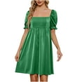 thumbnail image 2 of Summer Saving Wycnly Dresses for Women 2024 High Waist Casual Smocked Swing Beach Short Sun Dresses Short Sleeve Square Neck Solid Summer Mini Sun Dress Green M Clothes, 2 of 7
