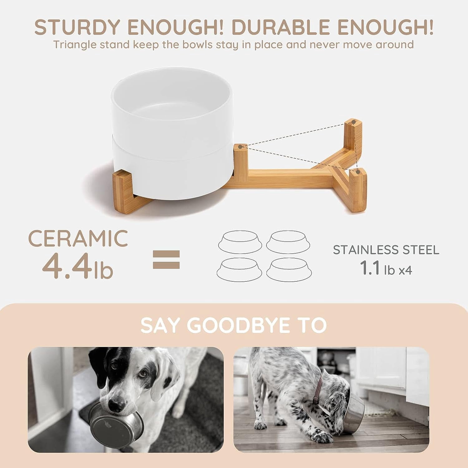 Ceramic Dog and Cat Bowl Set with Wooden Stand, Modern Cute Weighted Food Water Set for Small Size Dogs (11.8OZ) & Medium Sized Dogs (20.2OZ) & Larger Size Dogs(33.8OZ)
