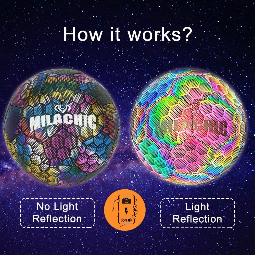 MILA CHIC Soccer Ball, Holographic Glowing Soccer Ball Size 5, Reflective Hologram Rainbow Soccer Ball with Needles and Pump for Men Youth and Adult Night Games