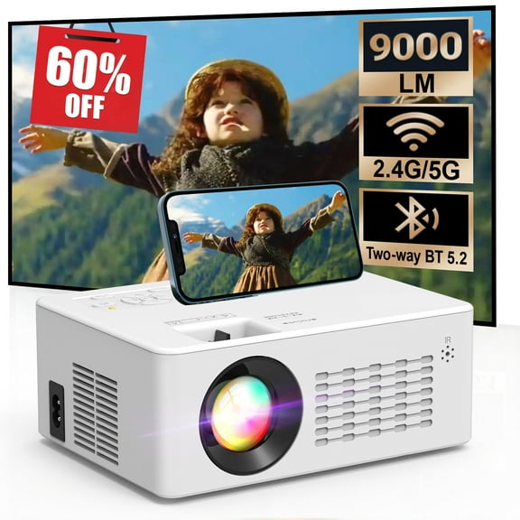 GCZ Portable 5G WiFi Projector with Bluetooth 5.2, 9000 LM HD Movie Projector, 1080P 250'' Display Supported
