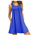 thumbnail image 2 of Ygbgbb Womens Summer Beach Dresses Casual Folded Waist Button Strap Dresses Mini Dress Solid Color Round Neck Sleeveless Dresses with Pockets Blue XXXXXL, 2 of 5