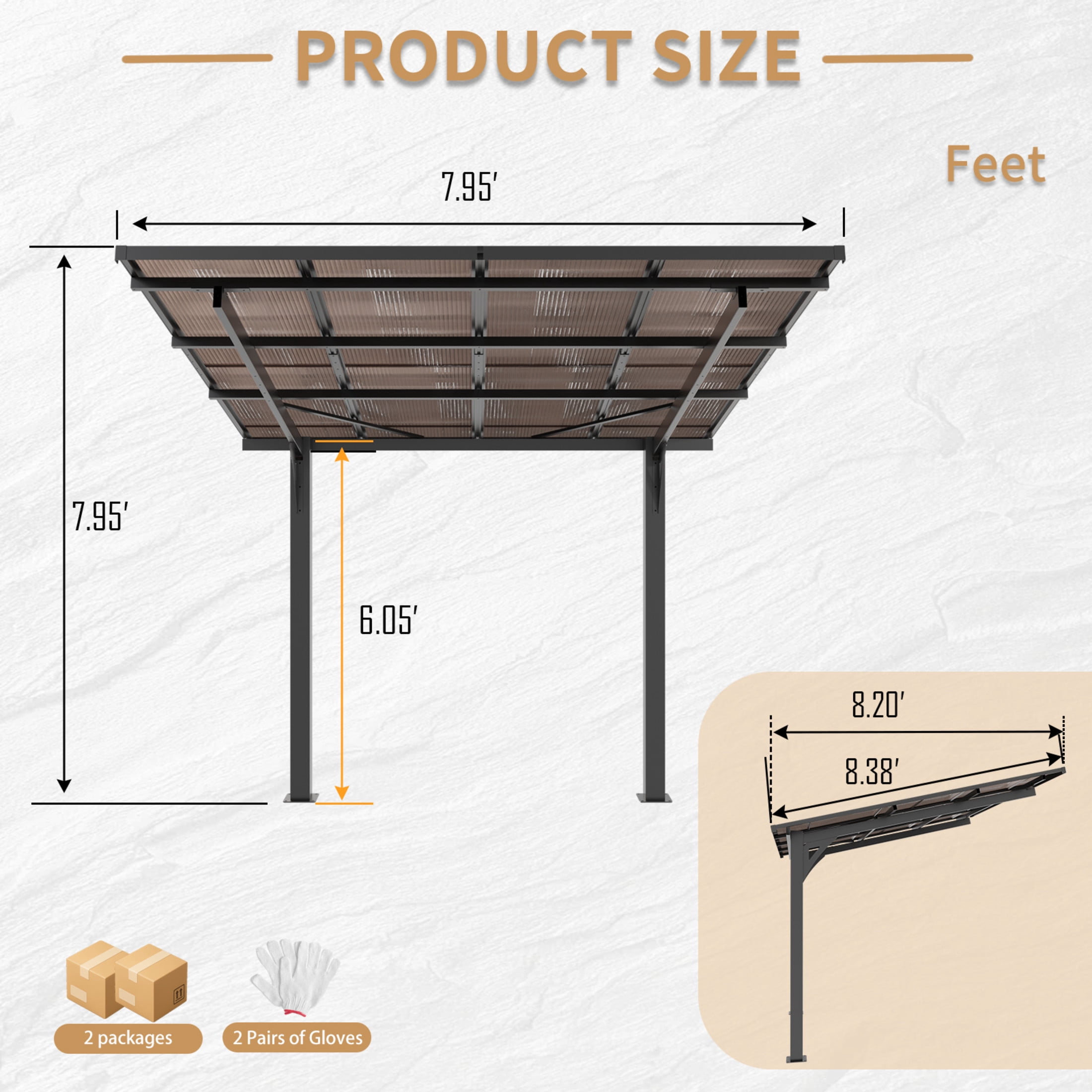 Noble House 8x8 FT Galvanized Steel Carport Awning, Sloped PC Roof Outdoor Utility Shelter & Grill Canopy, Black
