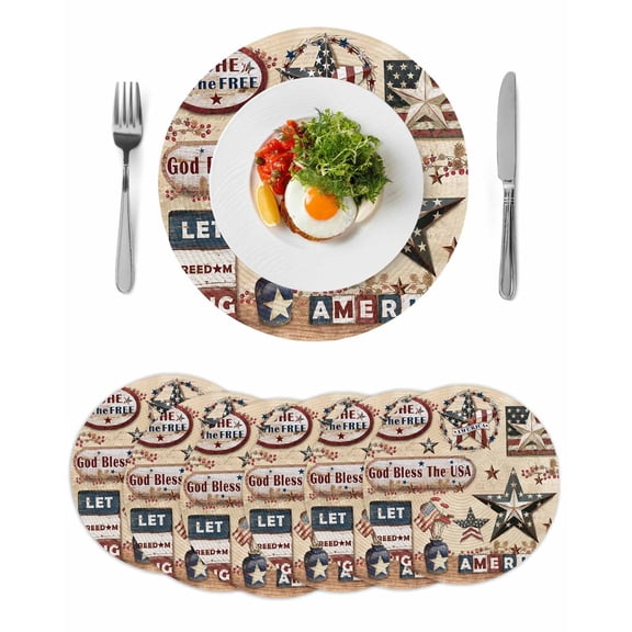 Farmhouse 4th of July Round 15 Inch Placemats Set of 6, American Country Star Rustic HeatResistant Non Slip Place Mats for Dining Table, Wipeable Braided Kitchen Table Mats for Housewarming