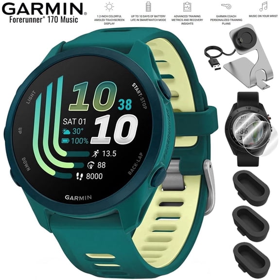 Garmin Forerunner 170 Music Teal Green/Citron 010-03920-12 Bundle with Deco Essentials Charging Dock, 2-Pack Screen Protector and Silicone Dust Cover for Garmin Watch 3 Pack