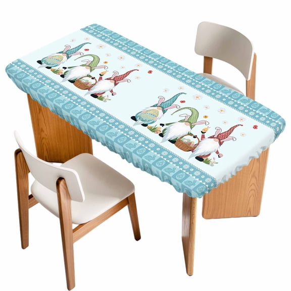 Happy Easter Table Cloths for 6 Foot Rectangle Tables, Cute Gnomes Eggs Blue Bunny Flowers Border Patio Waterproof Elastic Fitted Tablecloths, Washable Rectangular Table Cover for Camping