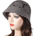 thumbnail image 3 of gris-chapeau Bob D't En Tricot Au Crochet Pour Femme - Fait La Main - Motif Floral, 3 of 5