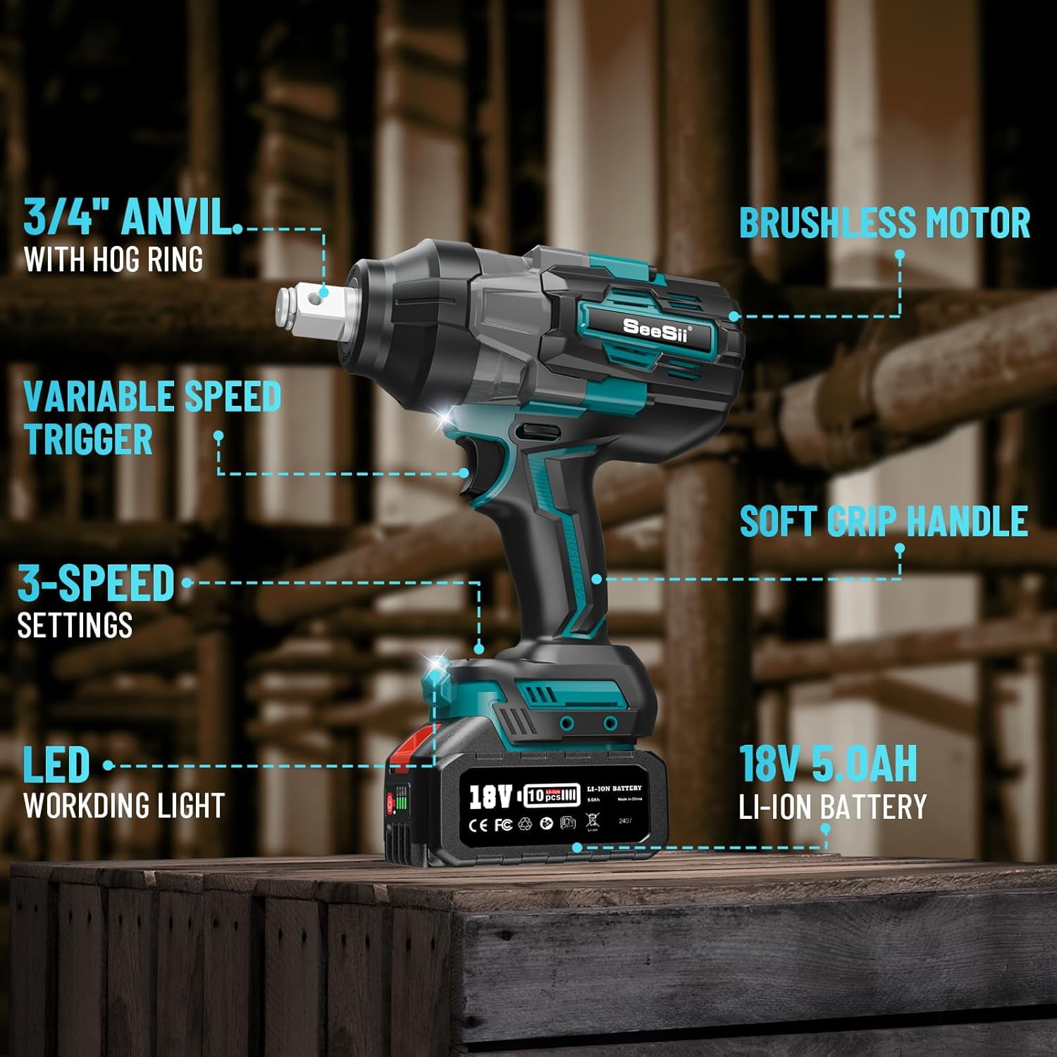 Seesii Cordless Impact Wrench 1180Ft-lbs(1600N.m), 3/4'' 3800RPM Brushless High Torque Impact Gun with 5.0Ah Battery & Fast Charger, Electric Impact Wrench for Tires Change, Automotive Repair, WH1000