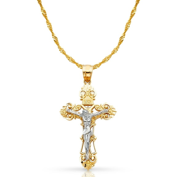 14K Two Tone Gold Jesus Crucifix Cross Pendant with 1.2mm Singapore Chain Chain Necklace