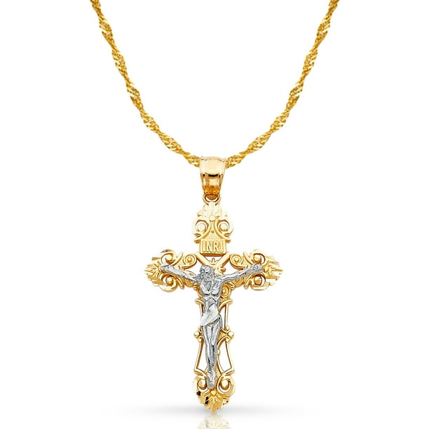 Ioka 14K Two Tone Gold Jesus Crucifix Cross Pendant with 1.2mm