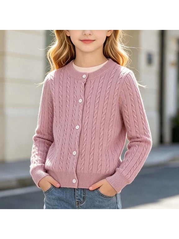 Girls Knit Cardigan Sweaters Crew Neck Long Sleeve Button Down Preppy Style Pullover Solid Color Soft Comfort Stretchy Sweater for School Daily Party Pink 2-3 Years