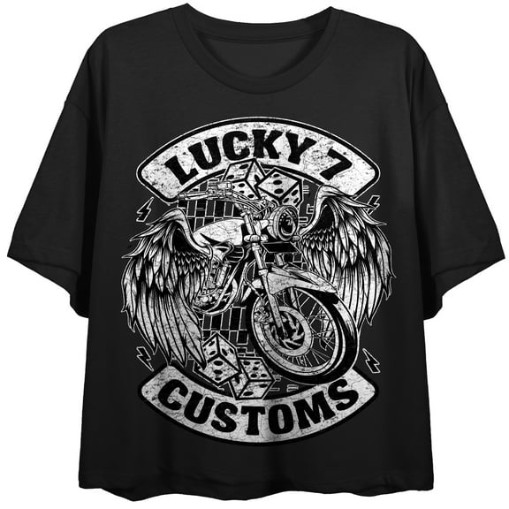 Lucky 7 Customs Motorcycle Women's Black Cropped Tee-Medium