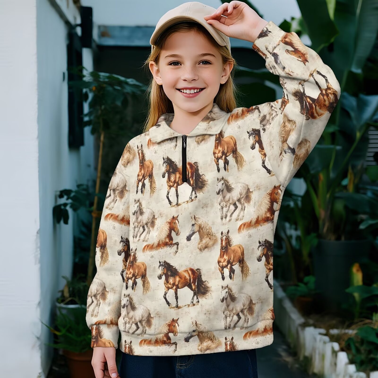 Uorisanigo Kids Girls Half Zip Pullover Sweatshirt Fall Trendy Western Horse Print Quarter Zipper Cropped Sweatshirt Loose Long Sleeve Workout Shirts Comfy Pullover Jackets