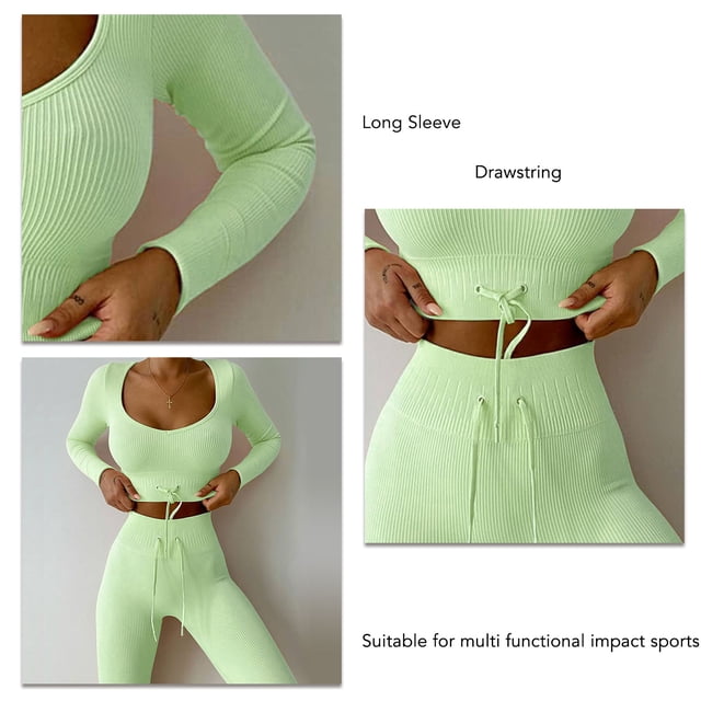 Workout Sets, Bodycon High Waist Long Sleeve Ribbed Seamless Knit Sports Set 2pcs Set For Home For Women ANGGREK Verde claro L