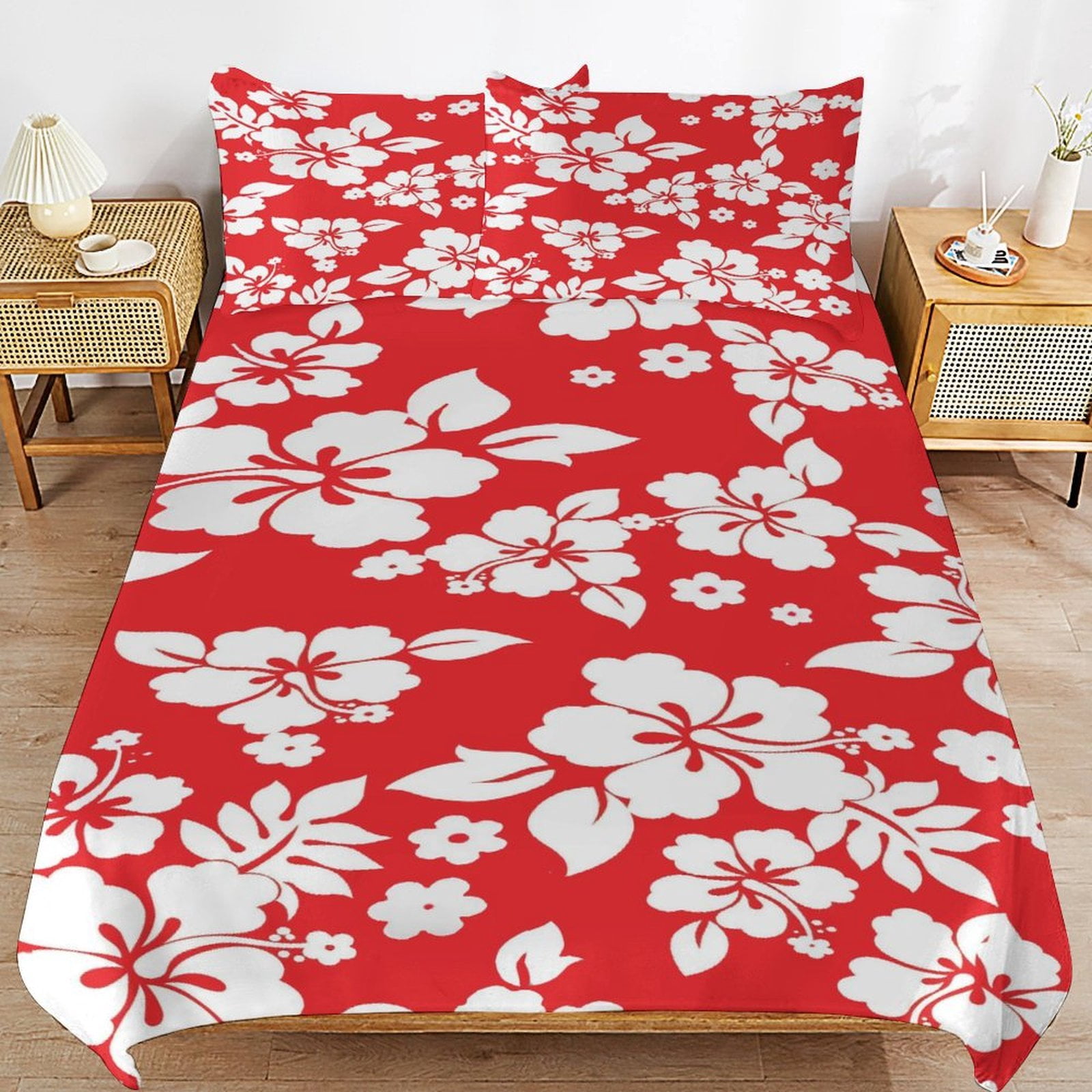 Red with White Hibiscus Hawaiian Flower Pattern (2) Duvet Cover Set Bedding Set Polyester Quilt Cover for Bedroom Decoration