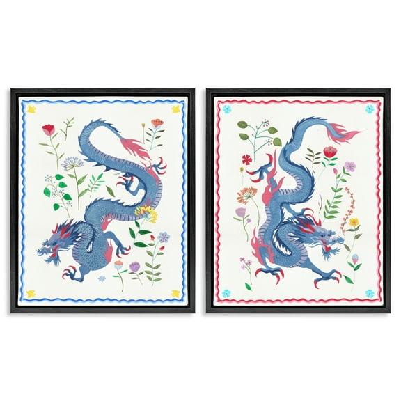 Stupell Industries Dragons with Flower Details Fantasy & Sci-Fi Painting Black Floater Framed Canvas Art Print Wall Art, 17 x 21, Set of 2