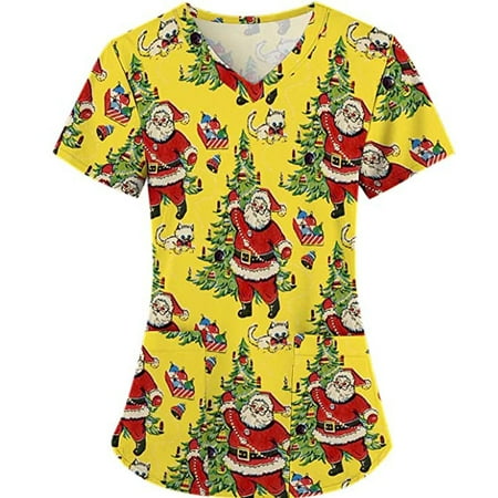 

Tarmeek Women s Christmas Scrub Tops Plus Size Santa Snowman Print Blouse Casual V-Neck Fun T Shirts Working Uniform Tee with Pockets for Christmas