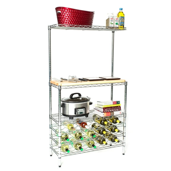 14" Deep x 36" Wide x 63" High Elegant Chrome Bakers Rack with Wine Storage