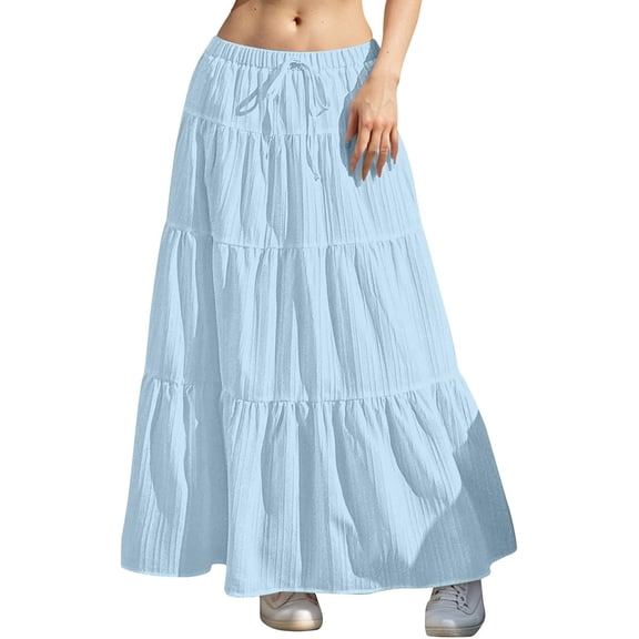 Women's Boho Flowy White Maxi Skirt Ruffle Elastic Waist Long Skirts, Casual High Waist Tiered Skirt for Women